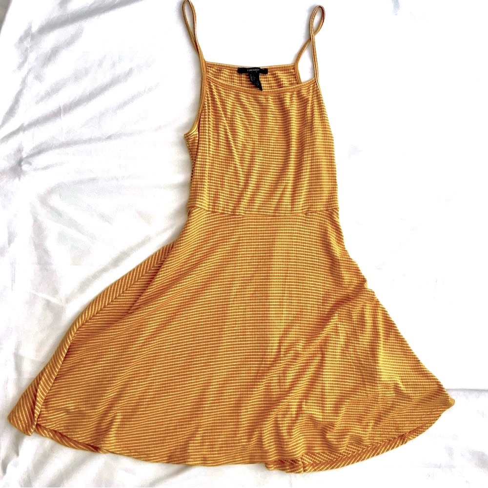 Forever 21 Juniors Size Large Spaghetti Straps Mustard Yellow Striped Dress